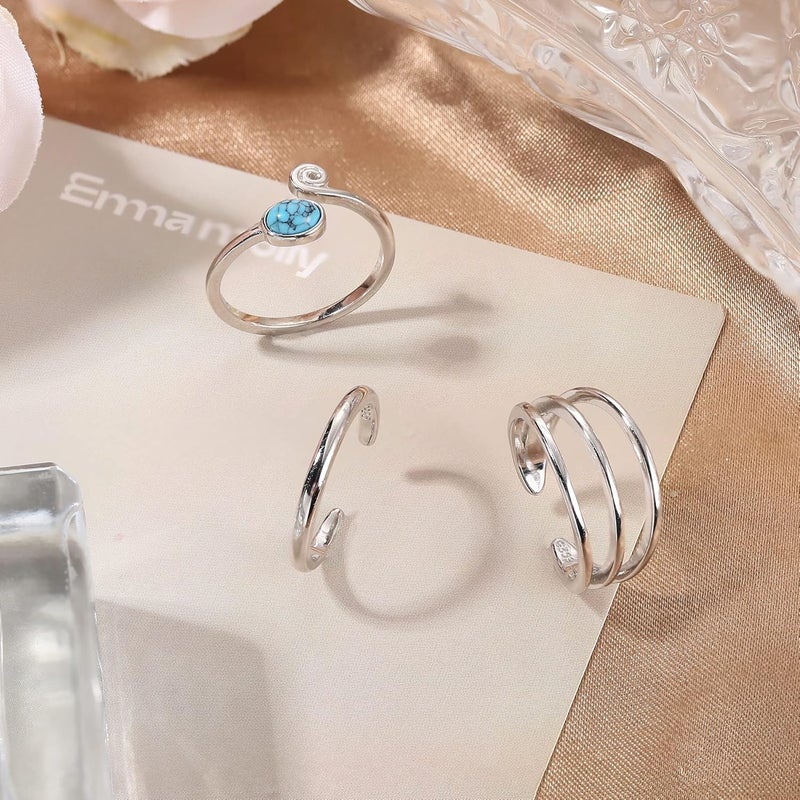 Jstyle 925 Sterling Silver Open Toe Rings Set for Women Adjustable Turquoise Moonstone Band Tail Ring Women Beach Foot Jewelry Set - Image 2